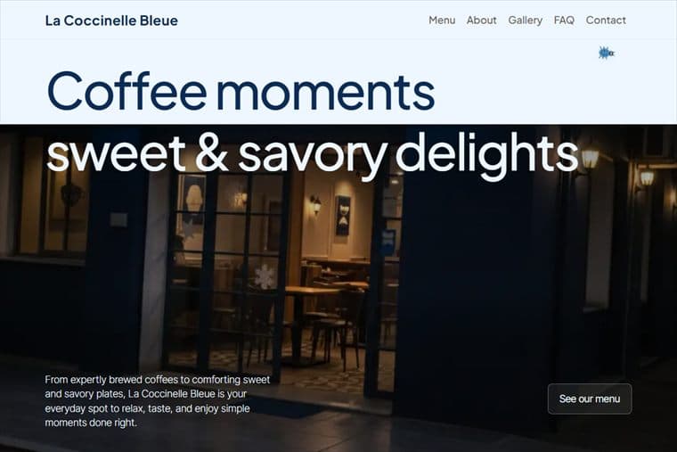 La Coccinelle Bleue — A showcase site for a coffee shop, built around the two things people actually look for: the menu and whether it looks like somewhere they want to sit.