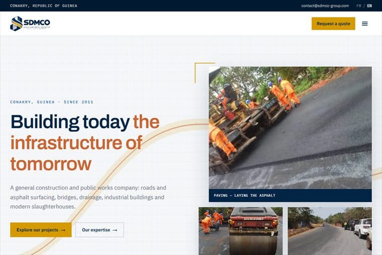 SDMCO — A bilingual showcase site for Société Djura Maritec Construction, a general construction and public works company operating in Conakry since 2011.